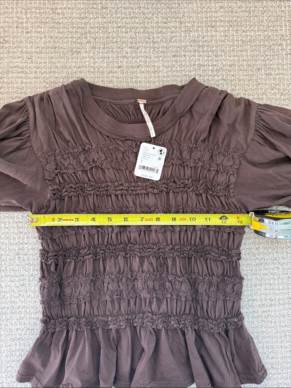 Free People Chocolate Brown Smocked Peplum Blouse - NWT Size S - Picture 5 of 7